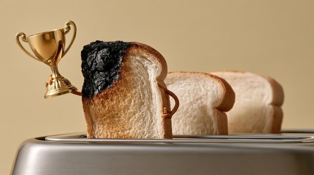 Close-up of burnt toast proudly holding a golden trophy while perfect toasts watch from behind. Humorous bakery photo for breakfast and humor blogs.