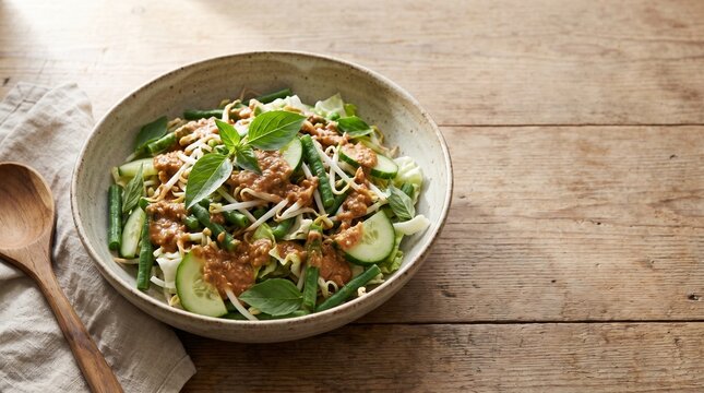 Authentic Indonesian karedok salad with fresh vegetables and peanut dressing, photographed naturally for restaurant menus, food campaigns, culinary websites, and cultural marketing