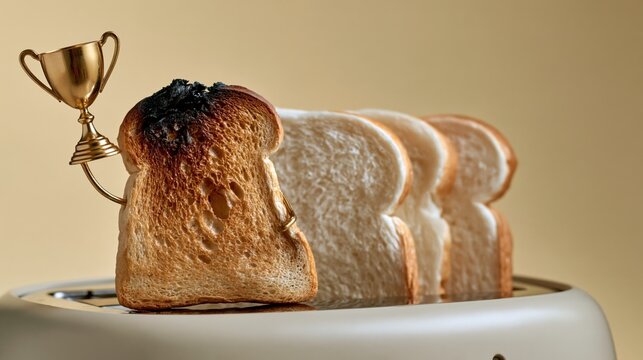 Wide shot of burnt toast proudly holding a golden trophy while perfect toasts watch from behind. Humorous bakery photo for breakfast and humor blogs.
