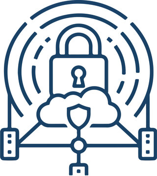 Cloud Security and Encrypted Server Network Vector Icon featuring Cloud Storage Padlock Signal Shield and Connected Data Servers Concept