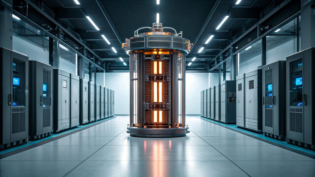Futuristic quantum computer in high tech research facility, glowing with advanced technology