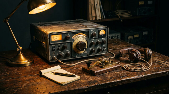 Vintage amateur radio transceiver setup with antique morse code key old headphones desk lamp notebook pen on rustic wooden table in dark room