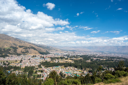 Huancayo, Peru (Per&uacute;) : A panoramic view shows Huancayo extending across the Mantaro Valley beneath the central Andes. Seen from the elevated Cerro Achkamarca area, the city spreads through the valley