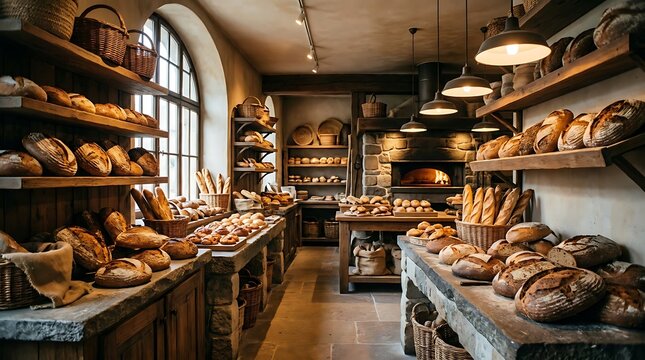 Fresh bread and pastries displayed on wooden shelves inside a traditional artisan bakery store shop. artisanal bread selection