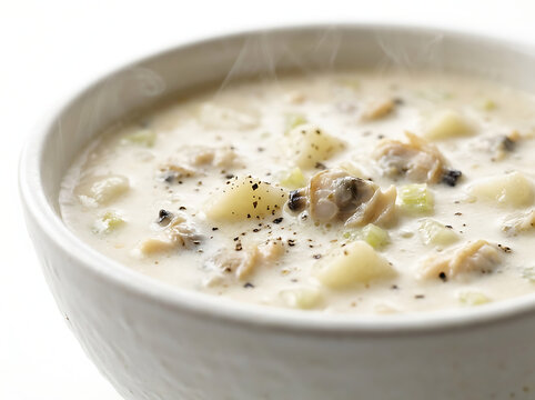 Delicious Steaming Hot Creamy Clam Chowder with Potatoes and Black Pepper in a White Ceramic Bowl