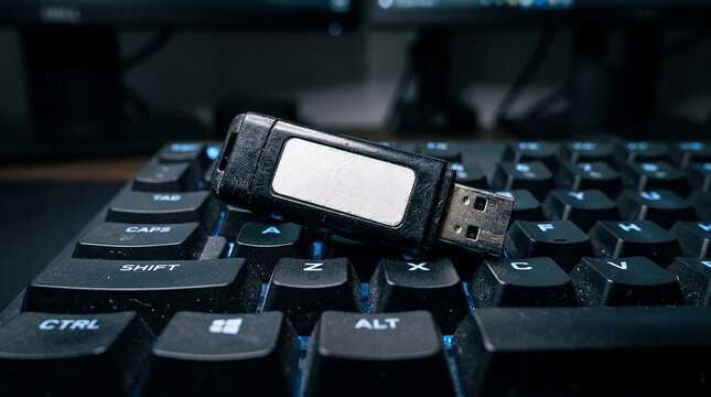 Usb flash drive resting on backlit computer keyboard digital data storage information transfer modern technology portable memory device