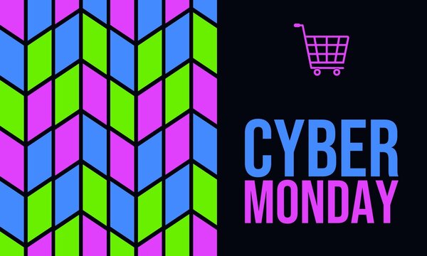 Cyber Monday shopping event with a geometric pattern and a shopping cart icon