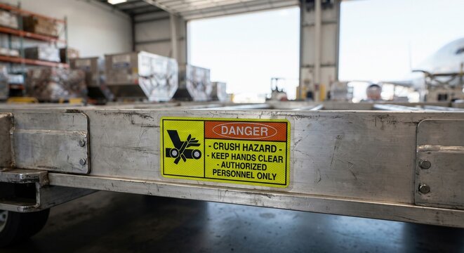 Aluminum cargo pallet dolly with yellow hazard warning sticker in airport hangar, aviation ground handling safety concept