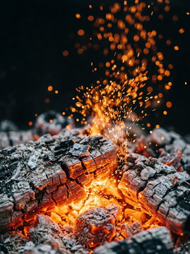 Glowing embers and sparks rising from burning charred wood against dark background, fire and heat concept with copy space