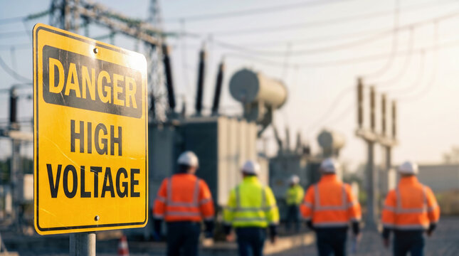 Electrical workers in orange high visibility jackets and hard hats walking past transformers at substation, high voltage safety concept