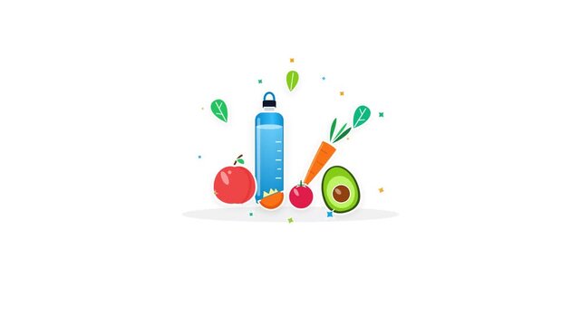Water bottle surrounded by healthy vegetables and fruits animation