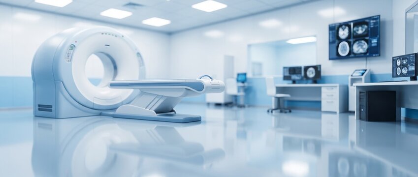 Blurred background of a radiology imaging room with CT scanner and control desk, panoramic medical interior, abstract defocused wallpaper with copy space for text and banner