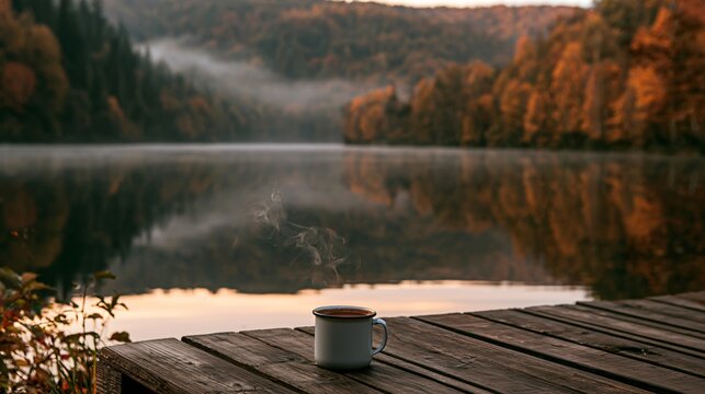 Hot chocolate autumn scenes capture a lakeside morning where a steaming enamel mug rests on a wooden dock, with still water reflecting misty hills covered in subdued golden and rust-colored forest
