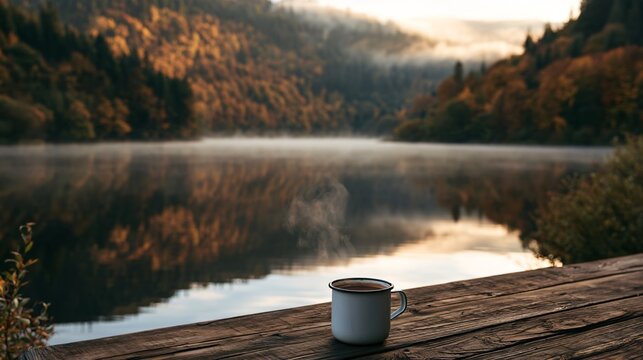 Hot chocolate autumn scenes capture a lakeside morning where a steaming enamel mug rests on a wooden dock, with still water reflecting misty hills covered in subdued golden and rust-colored forest