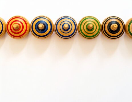 Row of painted wooden Japanese spinning tops along the top with large blank space below