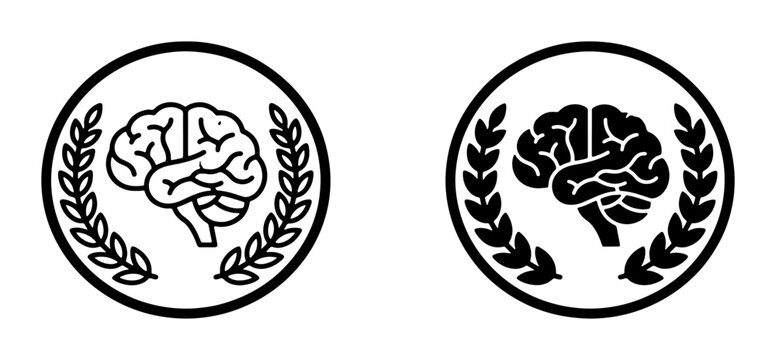 Brain and laurel wreath icons set with human mind and intelligence symbols for logos