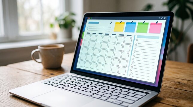 Open laptop displaying a digital calendar and task list on a wooden desk.