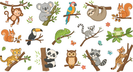 Fototapeta premium Wild Animals Cartoon Collection with Jungle and Forest Creatures on Branches and White Background