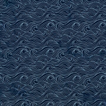 Seamless pattern with hand drawn stylized ocean waves in dark blue and white.
