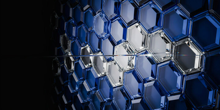 Abstract wall of blue and white glass hexagonal facets with a light streak across the surface black
