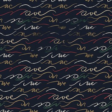 Seamless pattern with elegant hand written cursive calligraphy text on dark blue background.