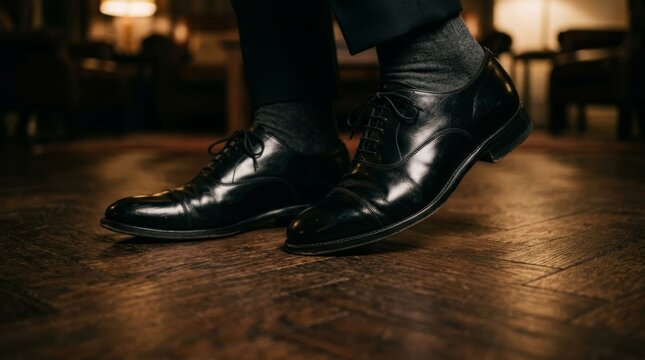 A man in a suit stands and lifts his leather shoe on wood.