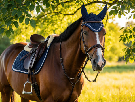 Portrait of bay horse with leather saddle, bridle under green tree leaves. Equestrian animal wears blue fly veil, gear on sunny summer day. Beautiful mare stands in field ready for riding dressage
