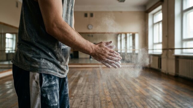 A fit man claps his hands together to release white chalk dust in gym.