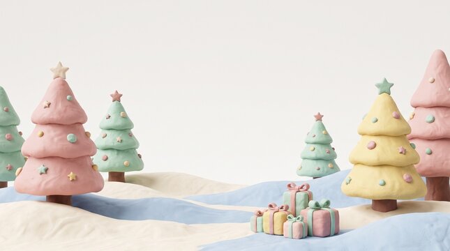 Dreamy pastel Christmas background featuring soft 3D clay Christmas trees, adorable Santa characters, colorful baubles, candy canes, wrapped presents and fluffy clouds arranged around a spacious centr