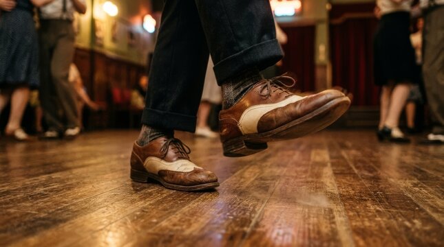 A man performs swing dance steps on a wooden floor at a party.