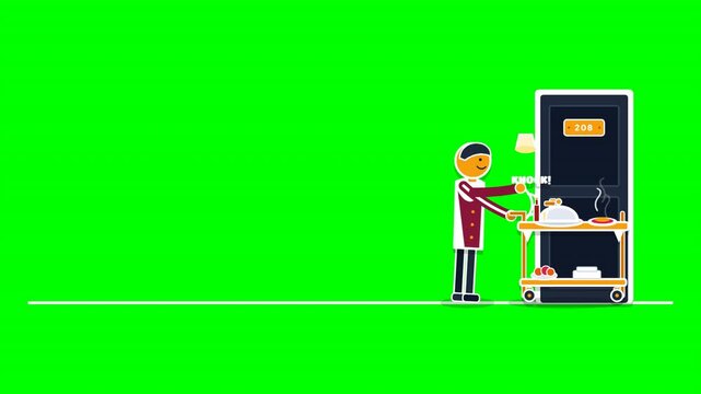 Waiter pushing room service trolley to hotel door on green screen