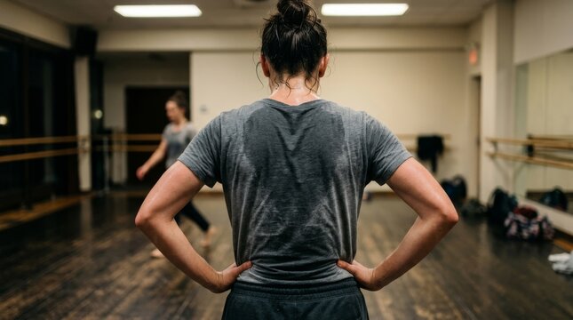 A sweaty woman stands with her hands on her hips in a dance studio.