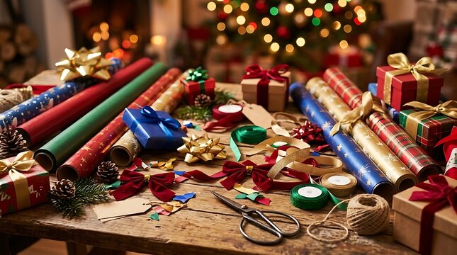 Festive christmas gift wrapping station with colorful paper rolls ribbons and presents on a rustic wooden table