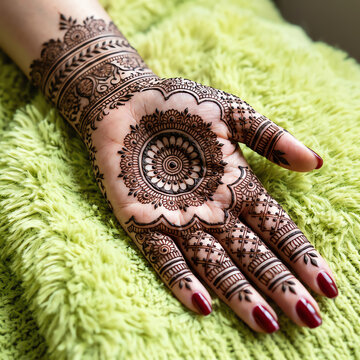 Beautiful henna tattoo design on a woman hand with traditional floral patterns for celebration