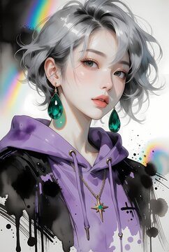 緑のピアスが映えるクールな女性イラスト