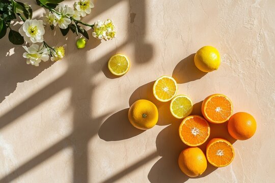 Fresh citrus and floral arrangement with dramatic shadows on natural beige surface