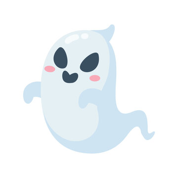 Adorable cartoon friendly ghost with rosy cheeks floating against white background for Halloween fun