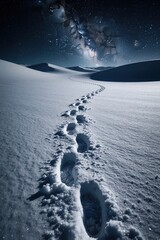 Fototapeta premium Human footprints lead through deep snow across arctic desert under bright milky way galaxy. Lone trail winds between white sand dunes under starry night sky. Cold winter wilderness landscape with