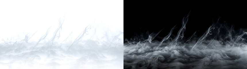 Fototapeta premium Layer of low white fog with tall slanted smoke wisps rising from the surface for horror and atmospheric designs in PNG, Transparent and Black Background Versions
