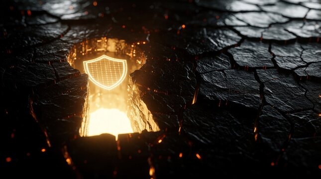 Glowing keyhole on dark cracked digital surface shows bright shield icon inside. Secure access concept with light shining through hole. Cyber security protection symbol on textured black background