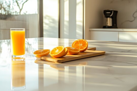 Fresh orange juice and halved oranges on marble kitchen counter