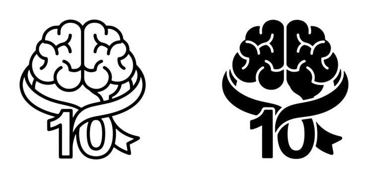 Brain and ribbon with number 10 illustration set for science or anniversary