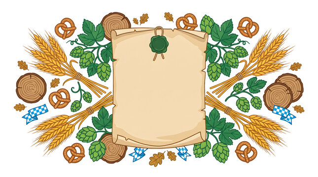Top down flat lay vector frame for Oktoberfest promo with central blank parchment scroll, hops, barley, and pretzels.