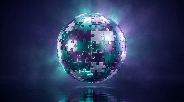 A sphere formed from interlocking puzzle pieces glowing in teal and purple light floating above a reflective surface