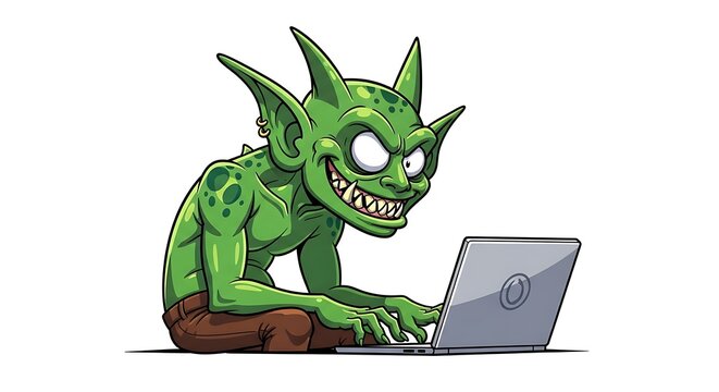 A green goblin sitting at a laptop computer with a menacing expression