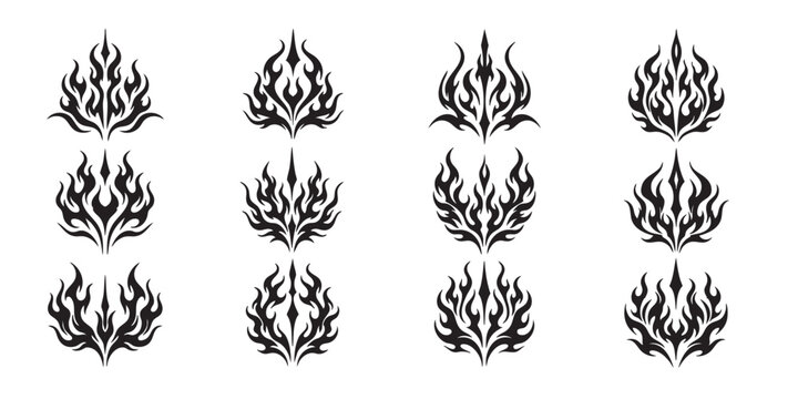 Set of black tribal flame emblems, symmetrical fire crest vector icons, decorative tattoo logo graphic elements for design