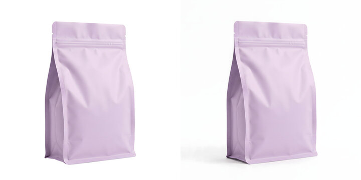 Flat bottom pouch mockup in matte pastel lavender purple with a resealable zipper and tear notches shown in two views on a clean white background