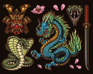 Fototapeta premium Blue dragon coils through vibrant petals