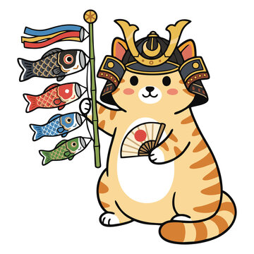 Cute chubby ginger cat celebrating Japanese Children's Day Kodomo no Hi holding a koi fish windsock koinobori banner. Isolated vector flat illustration clipart.