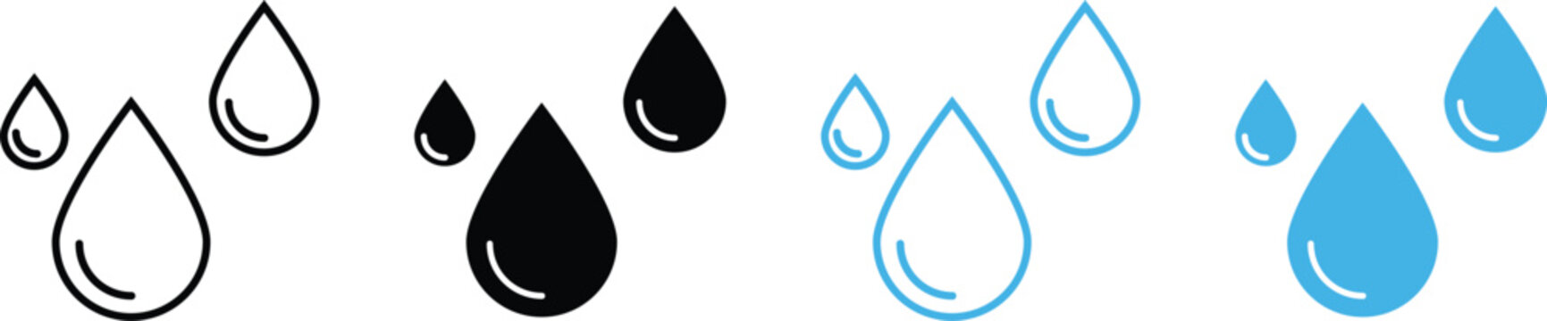Raindrops icon set. Outline solid water drop symbols. weather climate precipitation drops sign